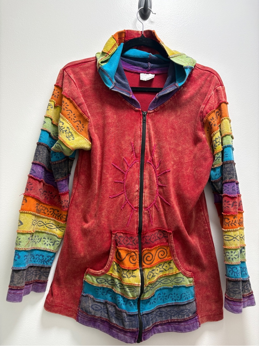 Vintage 1990’s Red Acid Washed Rainbow Patchwork Zip Hoodie Boho